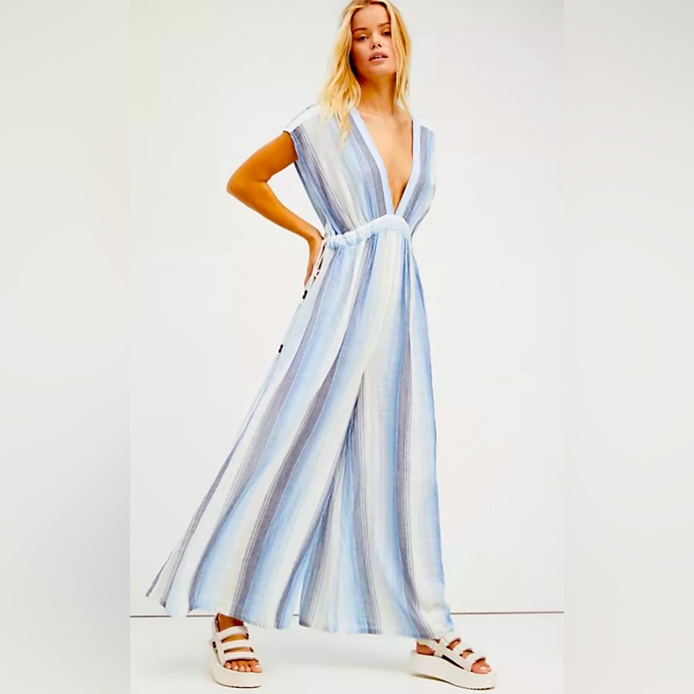 Free People Blue and White Striped Jumpsuit